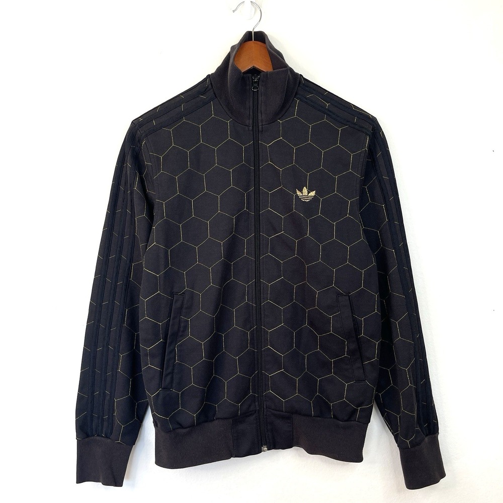 Vtg Rare Adidas Originals Mens Honeycomb Track Jacket Large Black Gold Trefoil